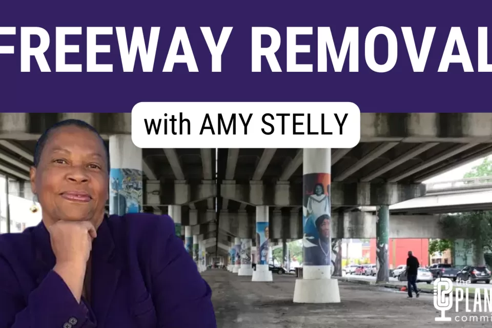 Graphic with photo of Amy Stelly superimposed on image of Claiborne Expressway elevated freeway in New Orleans, Louisiana